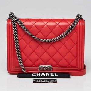 Chanel Red Diamond Stitch Calfskin Leather Large Boy Bag